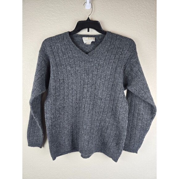 Vintage 90s Express Tricot Gray Ribbed V-Neck 100% Wool Sweater M - Picture 1 of 5